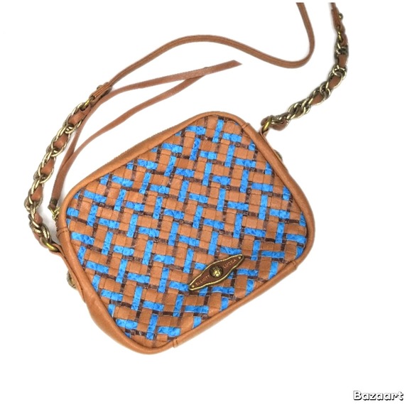 Elliot Lucca Handbags - Elliott Lucca Brown Blue Weave Leather Crossbody Purse Bag brass gold chain zip